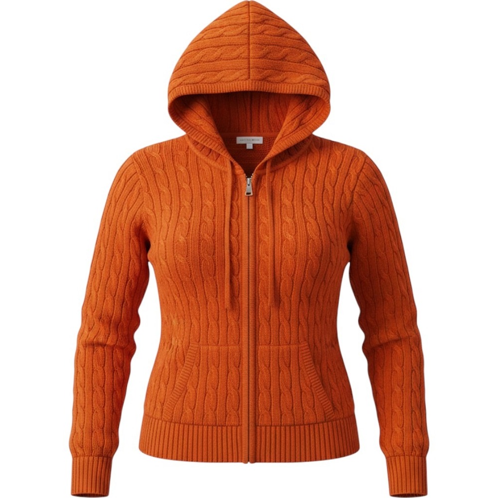 Fashion Bug Cable Knit Hoodie Women XL Orange Zip Up Cotton Sweater
